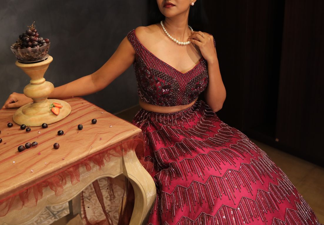 Wine luxury womenswear editorial, look 3