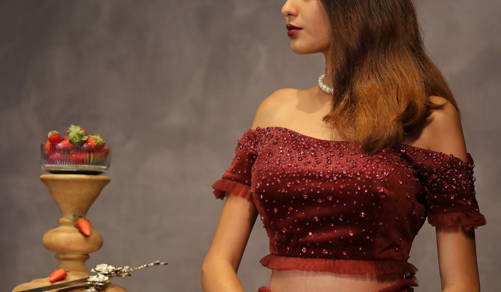 Wine luxury womenswear editorial, look 5