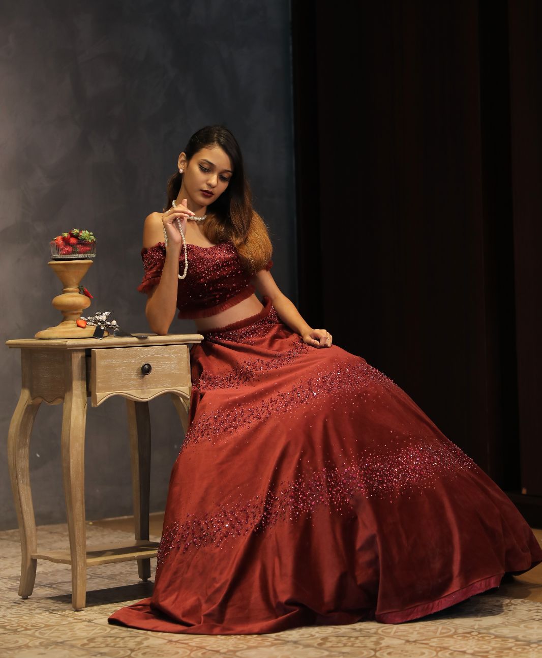 Wine luxury womenswear editorial, look 7